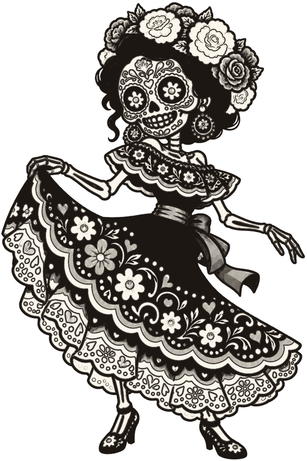 Catrina bailando con su vestido de flores